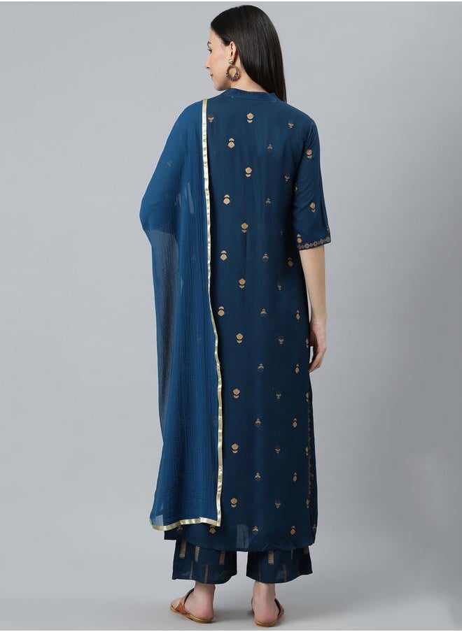 Libas All-Over Print Kurta and Palazzo with Solid Dupatta Set by Styli  - Image 3