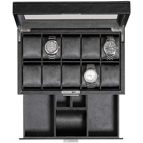 ROTHWELL 10-Slot Watch Box in Leather with Valet Drawer, Luxury Watch Case Display Organizer with Ultra Soft Microsuede Liner, Jewelry and Sunglass Holder With Large Glass top (Black/Grey) - Image 1