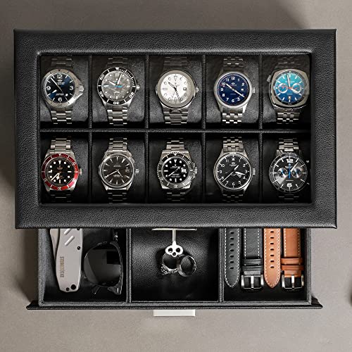 ROTHWELL 10-Slot Watch Box in Leather with Valet Drawer, Luxury Watch Case Display Organizer with Ultra Soft Microsuede Liner, Jewelry and Sunglass Holder With Large Glass top (Black/Grey) - Image 4