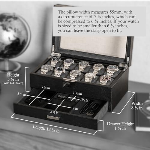 ROTHWELL 10-Slot Watch Box in Leather with Valet Drawer, Luxury Watch Case Display Organizer with Ultra Soft Microsuede Liner, Jewelry and Sunglass Holder With Large Glass top (Black/Grey) - Image 2