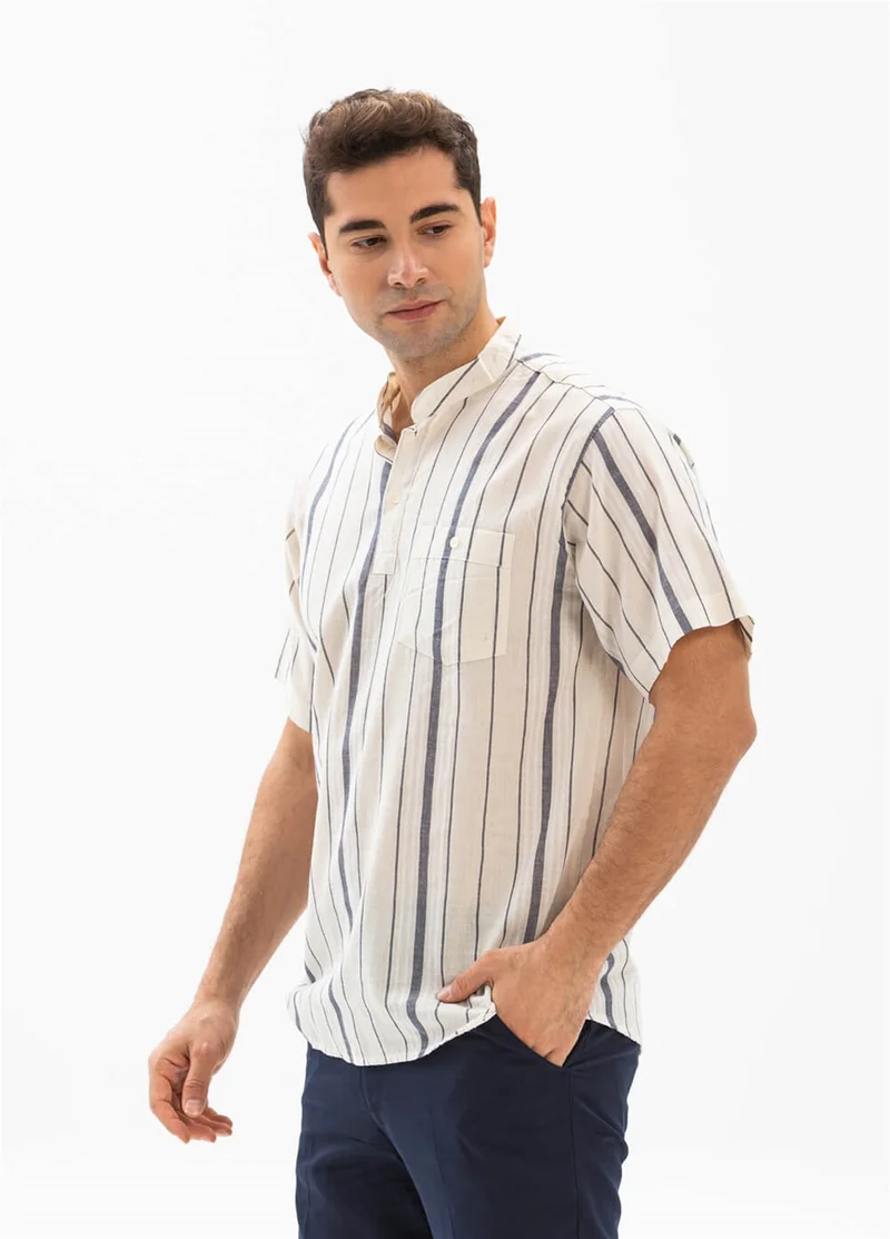 اكبينيز Short Sleeve Şile Cloth Single Pocket Classic Collar Men's Tshirt Ecru Gray Striped 3028