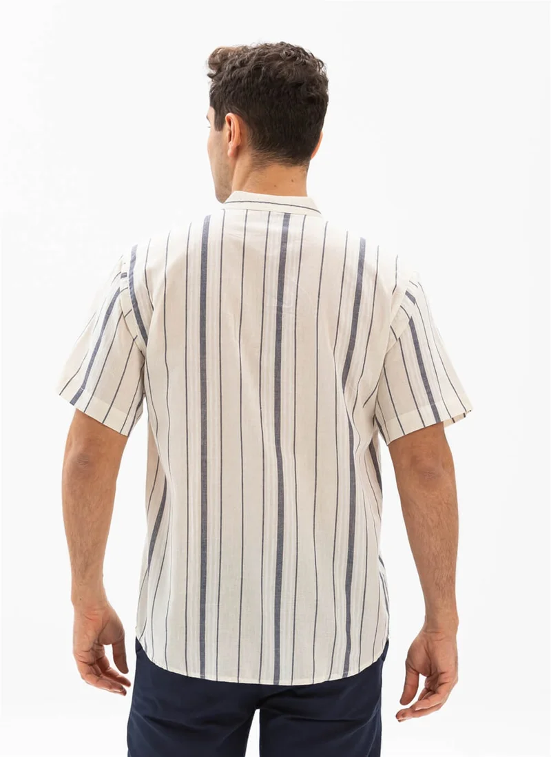 اكبينيز Short Sleeve Şile Cloth Single Pocket Classic Collar Men's Tshirt Ecru Gray Striped 3028