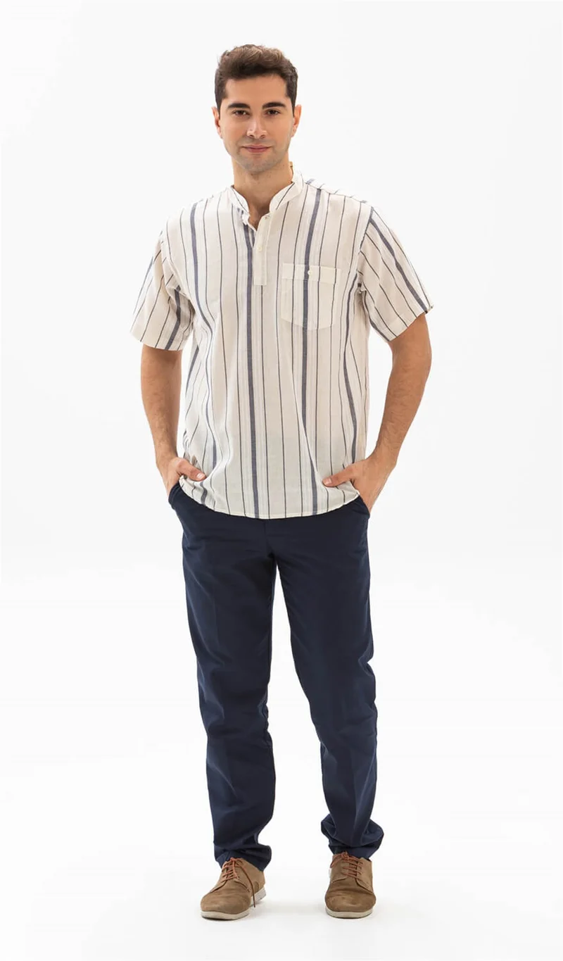 اكبينيز Short Sleeve Şile Cloth Single Pocket Classic Collar Men's Tshirt Ecru Gray Striped 3028