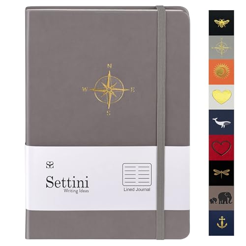 SETTINI Lined Journal, Ideal for Journaling - A5 Vegan Leather Notebook, 192 Archival-Quality Pages, QuillEase Bleed-Free Paper, Inner Pocket & Bookmark - Christmas Gifts, Grey Compass - Image 1