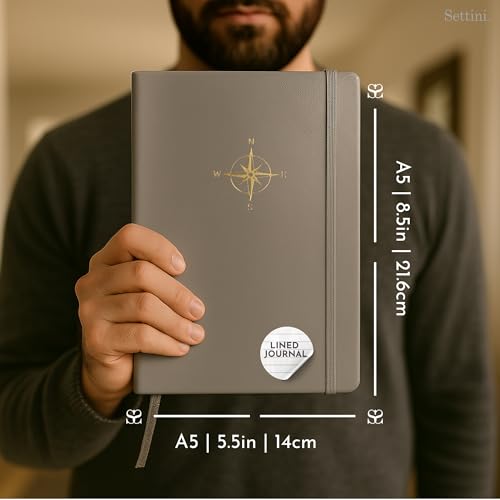 SETTINI Lined Journal, Ideal for Journaling - A5 Vegan Leather Notebook, 192 Archival-Quality Pages, QuillEase Bleed-Free Paper, Inner Pocket & Bookmark - Christmas Gifts, Grey Compass - Image 2