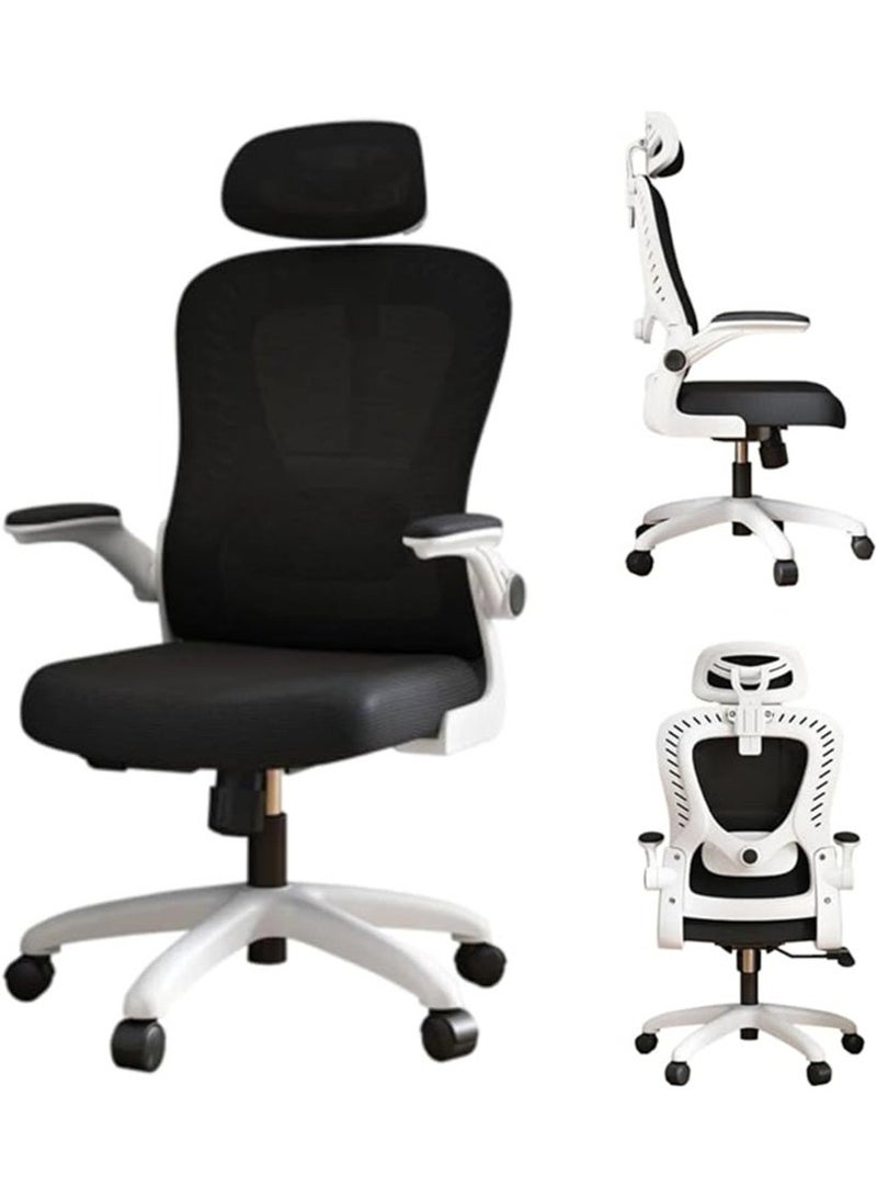 Office Chair, Ergonomic Rotating Chair with Armrests and Wheels, Comfortable Work Chair with Mesh Backrest and Headrest, Gaming Chair Easily Lifting and Moving for Home and Office (D1 White) - Image 2