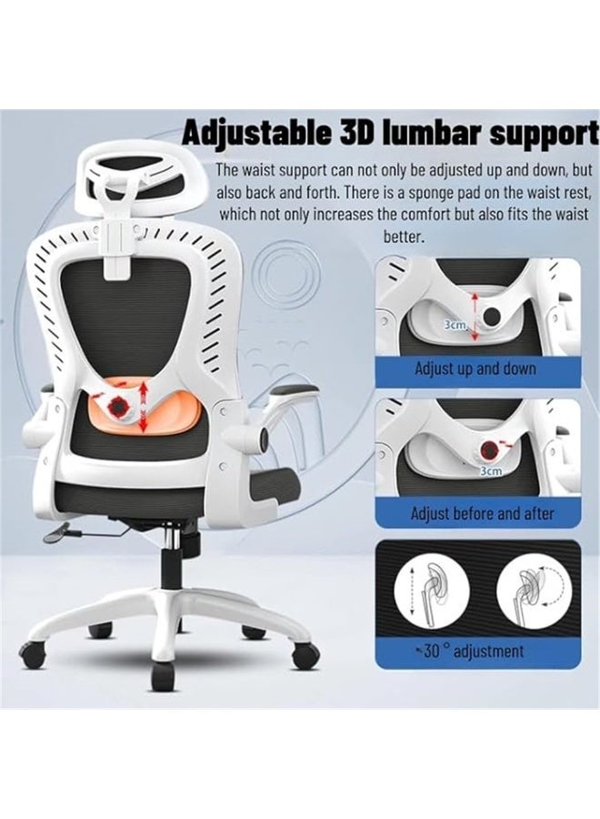 Office Chair, Ergonomic Rotating Chair with Armrests and Wheels, Comfortable Work Chair with Mesh Backrest and Headrest, Gaming Chair Easily Lifting and Moving for Home and Office (D1 White) - Image 4