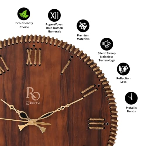 REGIIS OPERA Wooden Round Shape Roman Dial Wall Clock with Brown Jute Detailing & Golden Hands | Silent Quartz Movement, Anti-Glare Finish Analog Vintage Clock for Home & Office (Brown, 15.5 Inch) - Image 3