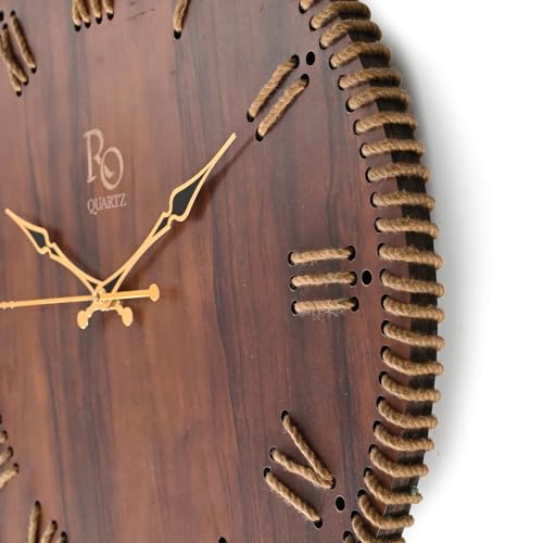 REGIIS OPERA Wooden Round Shape Roman Dial Wall Clock with Brown Jute Detailing & Golden Hands | Silent Quartz Movement, Anti-Glare Finish Analog Vintage Clock for Home & Office (Brown, 15.5 Inch) - Image 5