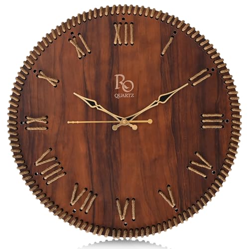 REGIIS OPERA Wooden Round Shape Roman Dial Wall Clock with Brown Jute Detailing & Golden Hands | Silent Quartz Movement, Anti-Glare Finish Analog Vintage Clock for Home & Office (Brown, 15.5 Inch) - Image 2