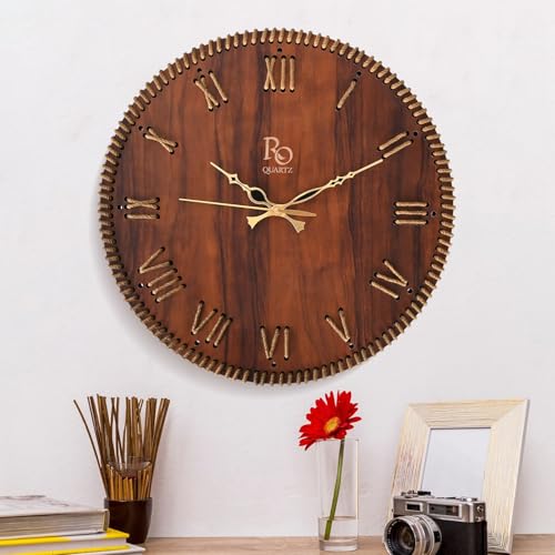 REGIIS OPERA Wooden Round Shape Roman Dial Wall Clock with Brown Jute Detailing & Golden Hands | Silent Quartz Movement, Anti-Glare Finish Analog Vintage Clock for Home & Office (Brown, 15.5 Inch) - Image 1