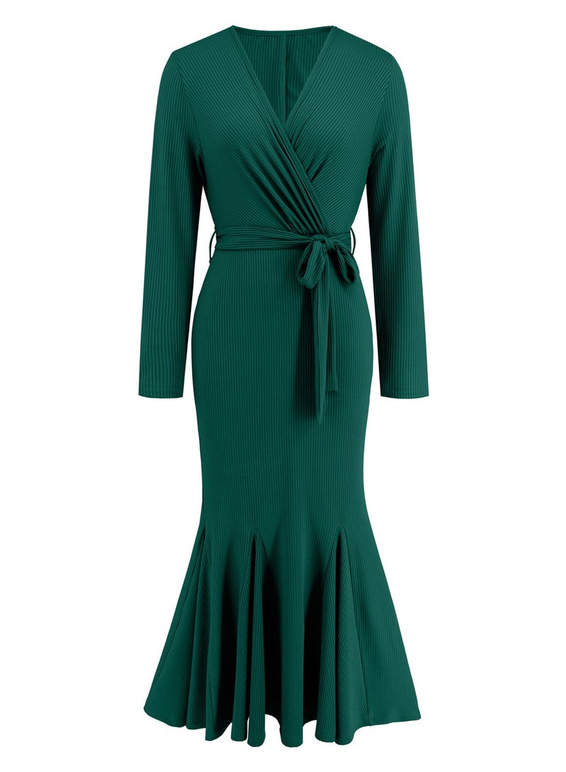 KUYING New V-Neck Long Sleeved Slim Fit Style Fishtail Skirt Knitted Long Dress Dress  - Image 1