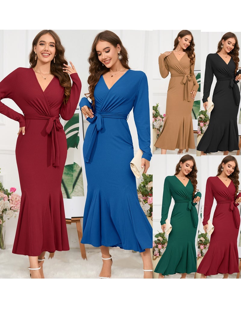 KUYING New V-Neck Long Sleeved Slim Fit Style Fishtail Skirt Knitted Long Dress Dress  - Image 2