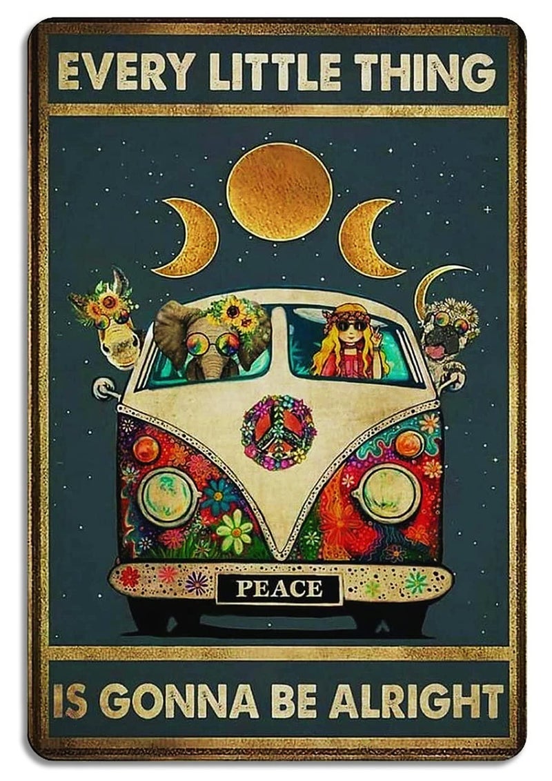 Fmcmly Every Little Thing is Gonna Be Alright Vintage Tin Signs Hippie Boho Wall Art Encouragement Gifts for Women Home Kitchen Office Bedroom Living Room Cafes Wall Decor 8x12 Inch - Image 1