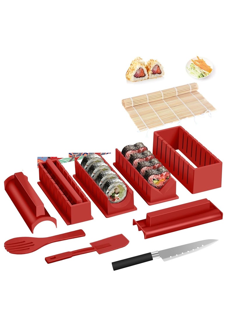 سوفام طقم صنع السوشي نسخة فاخرة طقم المصنع الكامل للسوشي عفن السوشي المنزلي لفة أرز السوشي شكل قالب، شوكة، سكين سوشي، وسادة لفافة السوشي، عيدان تناول الطعام (أحمر) - Image 1