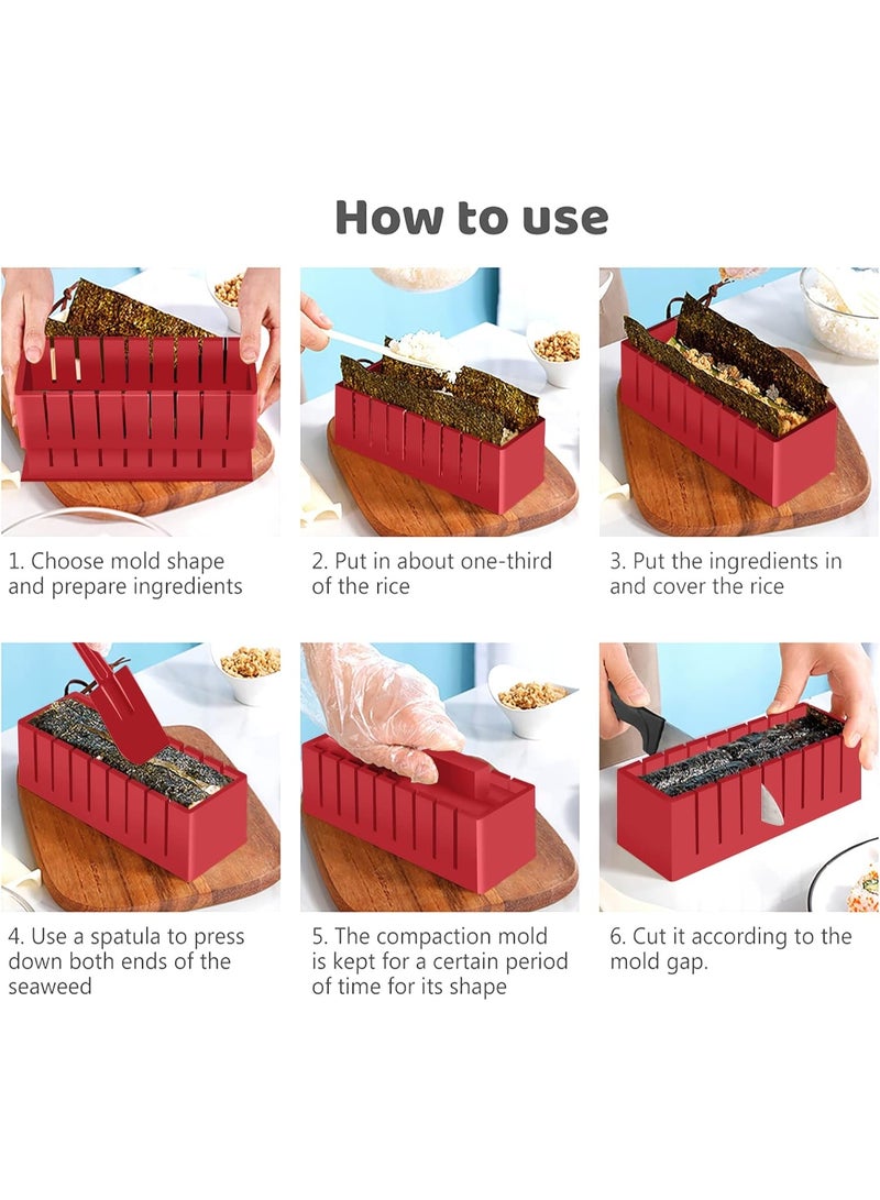 سوفام طقم صنع السوشي نسخة فاخرة طقم المصنع الكامل للسوشي عفن السوشي المنزلي لفة أرز السوشي شكل قالب، شوكة، سكين سوشي، وسادة لفافة السوشي، عيدان تناول الطعام (أحمر) - Image 3