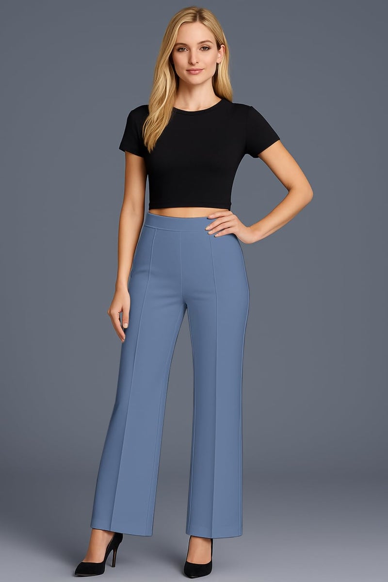 SWADESI STUFF Women’s High Waisted Bell Bottom Pants | Retro Wide Leg Trousers | Stretchy Flared Palazzo Pants for Office, Casual Wear & Party (in, Alpha, M, Regular, Sky Blue) - Image 2