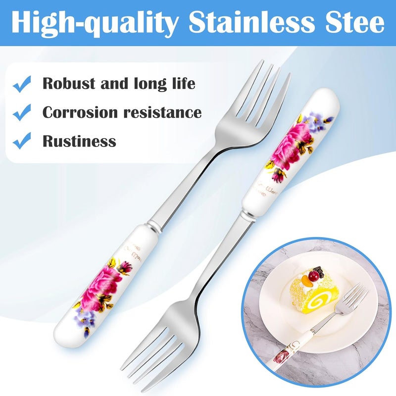 Loppdece 12Pcs Dinner Forks Stainless Steel Floral Design Flatware with Ceramic Handle Dessert  Table Forks for Home  Restaurant 12 Floral Patterns - Image 4