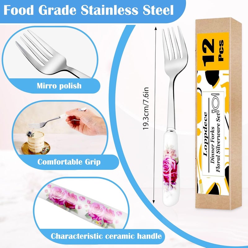 Loppdece 12Pcs Dinner Forks Stainless Steel Floral Design Flatware with Ceramic Handle Dessert  Table Forks for Home  Restaurant 12 Floral Patterns - Image 2