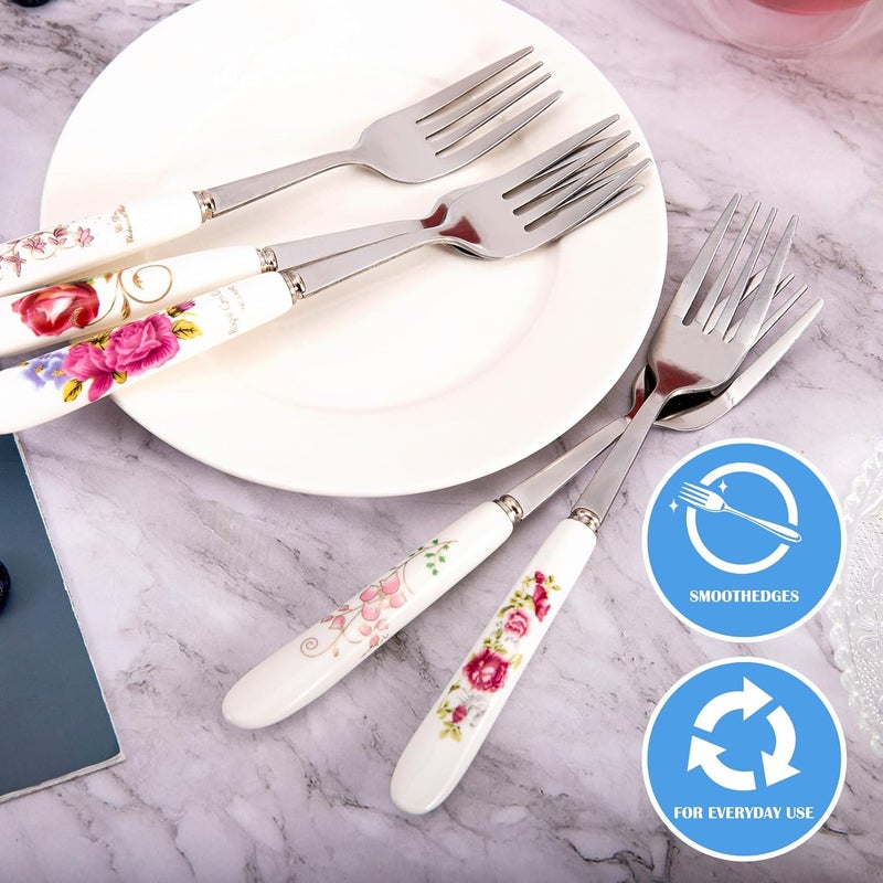 Loppdece 12Pcs Dinner Forks Stainless Steel Floral Design Flatware with Ceramic Handle Dessert  Table Forks for Home  Restaurant 12 Floral Patterns - Image 5