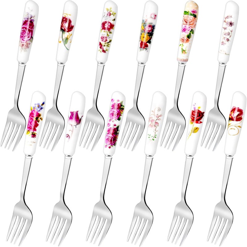 Loppdece 12Pcs Dinner Forks Stainless Steel Floral Design Flatware with Ceramic Handle Dessert  Table Forks for Home  Restaurant 12 Floral Patterns - Image 1