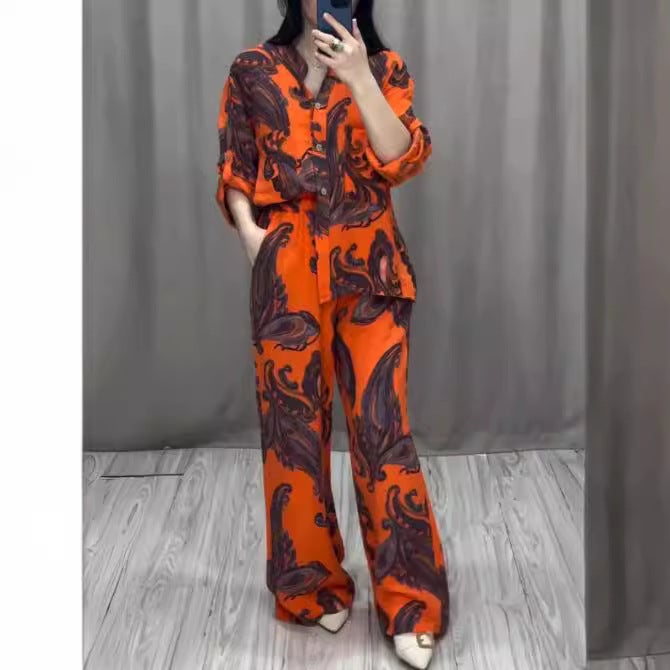 3D Digital Print Fashion Womens Long-Sleeve Shirt Pants Set White - Image 5