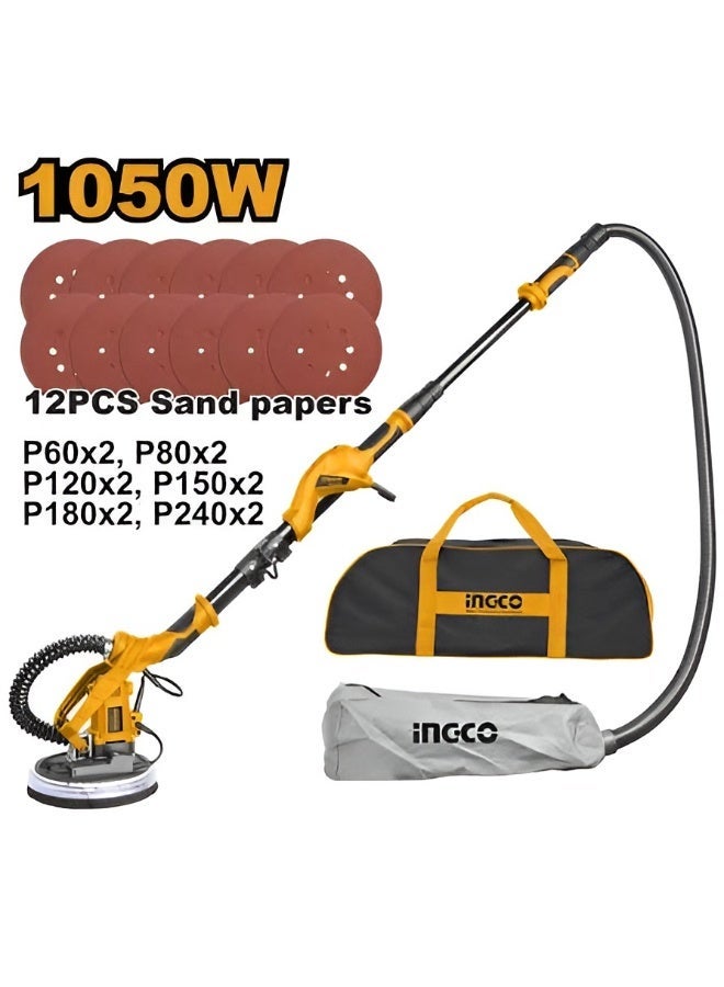 INGCO 1050W Drywall Sander | 600–2600 RPM Variable Speed | 215mm Grinding Pad | 225mm Sanding Paper | Integrated Work Light | 12 Sandpapers & Dust Bag - Image 2