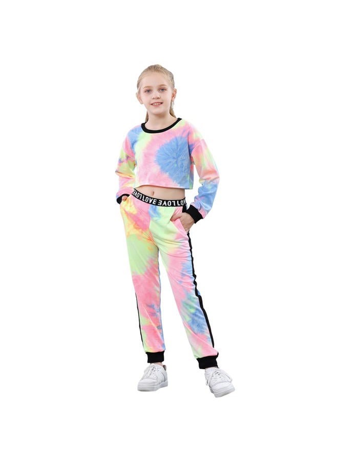 Betusline Kids Girls Tie Dye Outfits, 2 Pieces Crop Tops + Pants Set, A Multi Tie Dye, 11-12 Years - Image 5