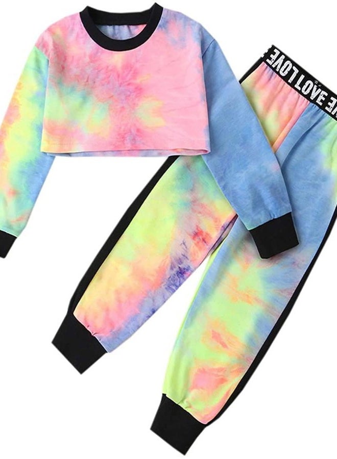 Betusline Kids Girls Tie Dye Outfits, 2 Pieces Crop Tops + Pants Set, A Multi Tie Dye, 11-12 Years - Image 1