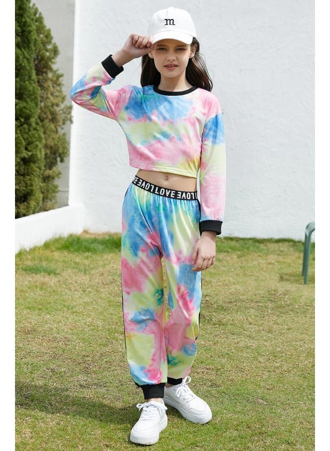 Betusline Kids Girls Tie Dye Outfits, 2 Pieces Crop Tops + Pants Set, A Multi Tie Dye, 11-12 Years - Image 4