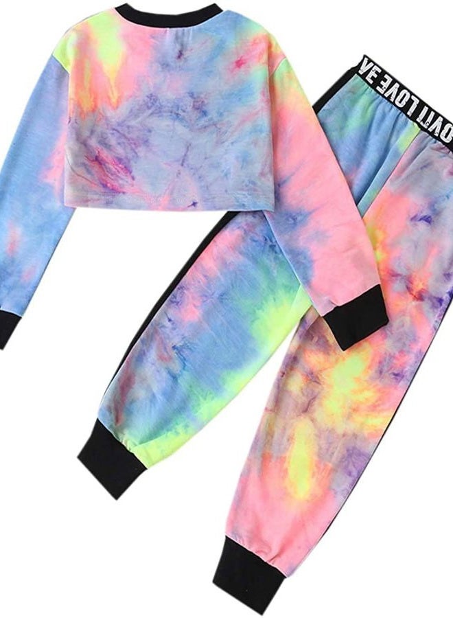 Betusline Kids Girls Tie Dye Outfits, 2 Pieces Crop Tops + Pants Set, A Multi Tie Dye, 11-12 Years - Image 2
