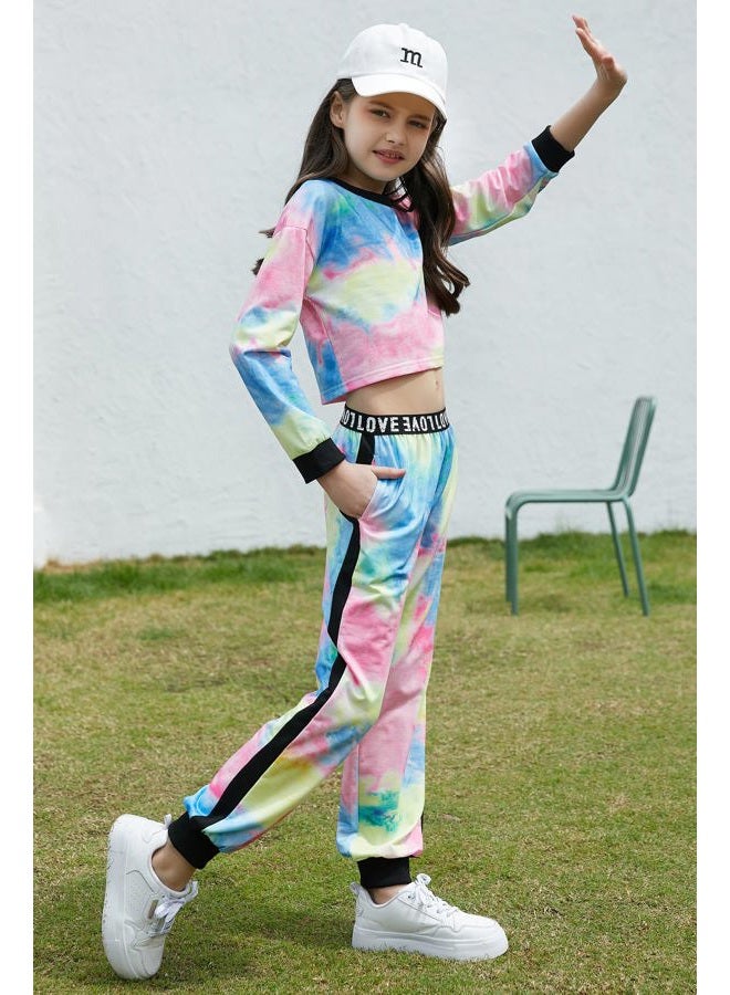 Betusline Kids Girls Tie Dye Outfits, 2 Pieces Crop Tops + Pants Set, A Multi Tie Dye, 11-12 Years - Image 3