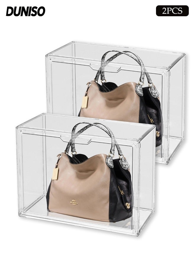 DUNISO 2 Pcs Clear Handbag Storage Organizers,Plastic Display Case,Stackable Bag Container Box with Magnetic Door,Dustproof and Moistureproof,for Book, Cosmetic,Toys, Handbag,Shoes - Image 1