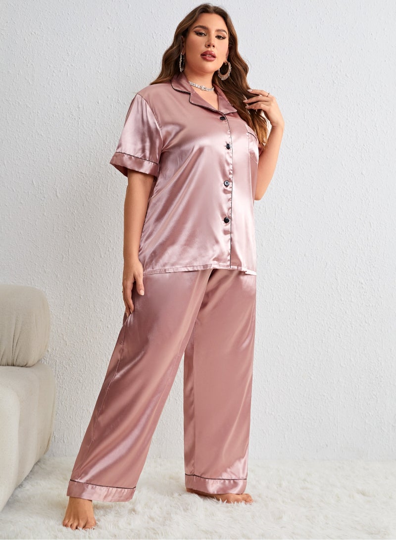 Loquat Women's Large Size 2-Piece Set Nightgown Sleepwear Short Sleeve Lapel Top And Pants Soft Loungewear Pajamas Suit Dusty Pink - Image 1