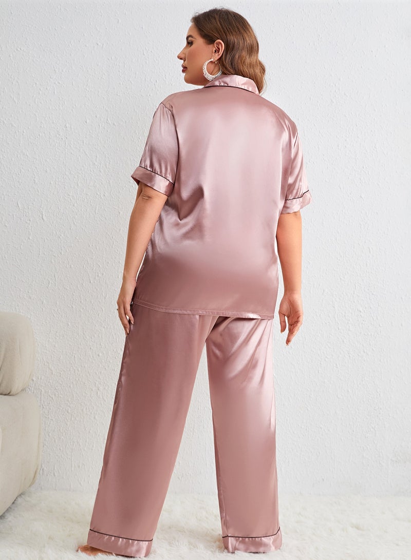 Loquat Women's Large Size 2-Piece Set Nightgown Sleepwear Short Sleeve Lapel Top And Pants Soft Loungewear Pajamas Suit Dusty Pink - Image 2