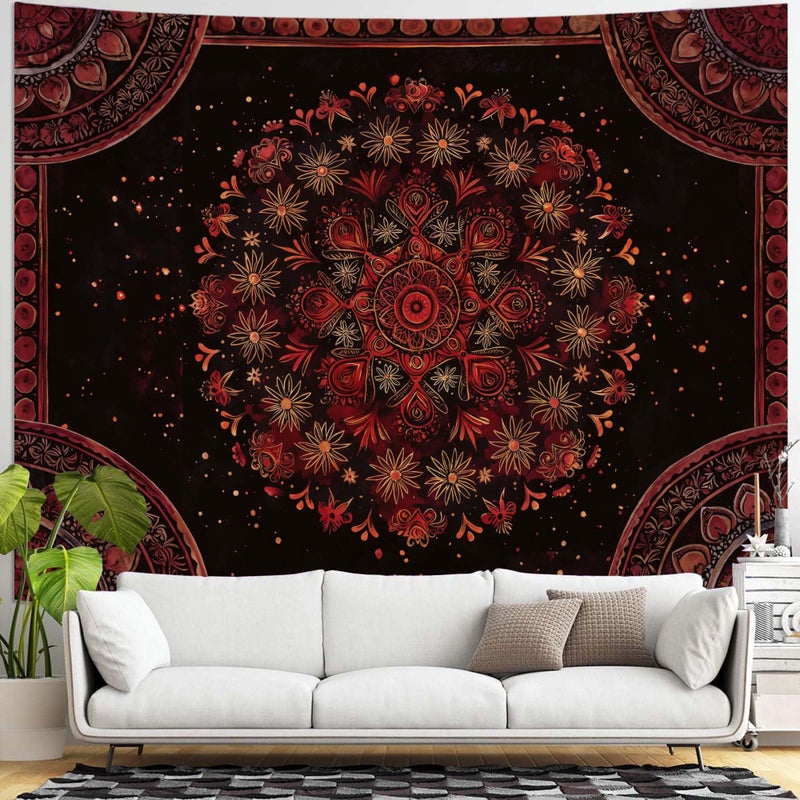 Accnicc Boho Mandala Tapestry Wall Hanging Hippie Bohemian Floral Flower Medallion Tapestry Aesthetic Large Vintage Black Red Indian Tapestries for Bedroom Living Room Dorm Decor 80 x 60 Inch - Image 2