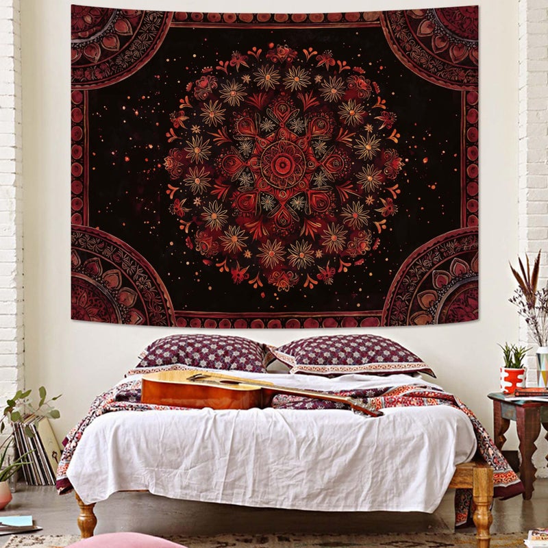 Accnicc Boho Mandala Tapestry Wall Hanging Hippie Bohemian Floral Flower Medallion Tapestry Aesthetic Large Vintage Black Red Indian Tapestries for Bedroom Living Room Dorm Decor 80 x 60 Inch - Image 3
