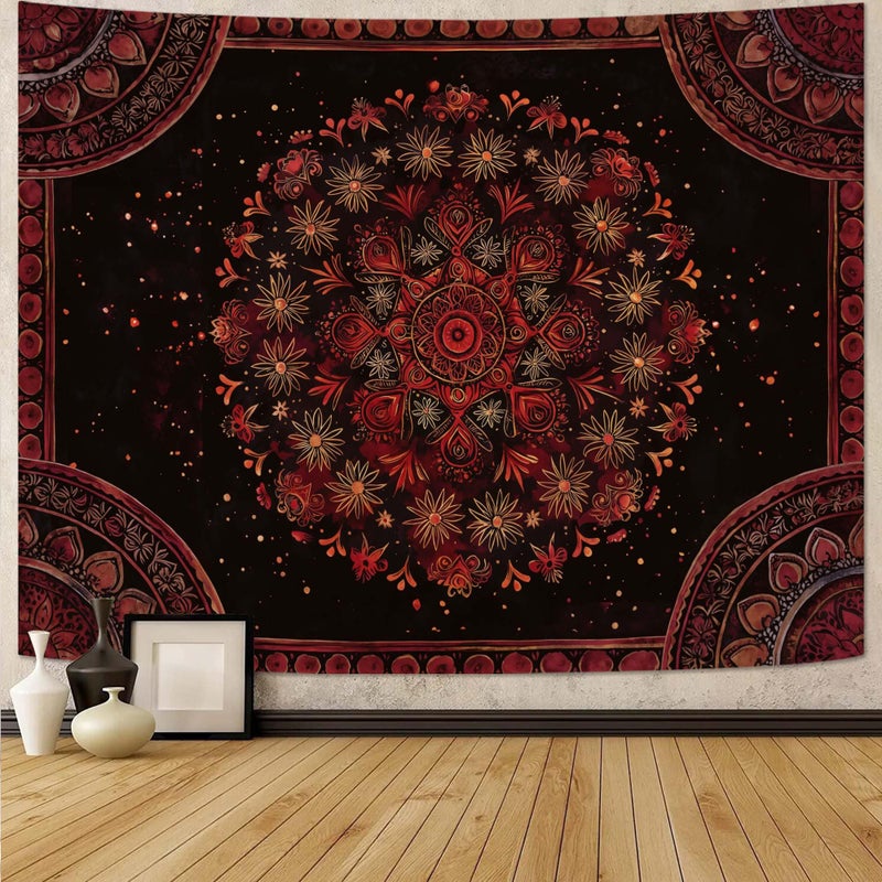 Accnicc Boho Mandala Tapestry Wall Hanging Hippie Bohemian Floral Flower Medallion Tapestry Aesthetic Large Vintage Black Red Indian Tapestries for Bedroom Living Room Dorm Decor 80 x 60 Inch - Image 1