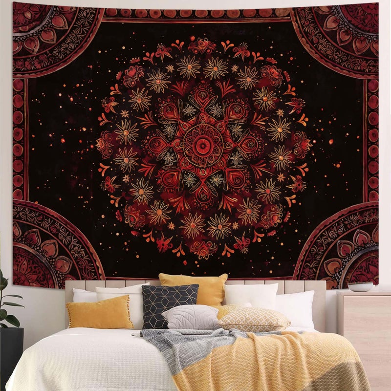 Accnicc Boho Mandala Tapestry Wall Hanging Hippie Bohemian Floral Flower Medallion Tapestry Aesthetic Large Vintage Black Red Indian Tapestries for Bedroom Living Room Dorm Decor 80 x 60 Inch - Image 5