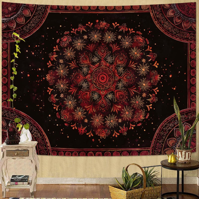 Accnicc Boho Mandala Tapestry Wall Hanging Hippie Bohemian Floral Flower Medallion Tapestry Aesthetic Large Vintage Black Red Indian Tapestries for Bedroom Living Room Dorm Decor 80 x 60 Inch - Image 4