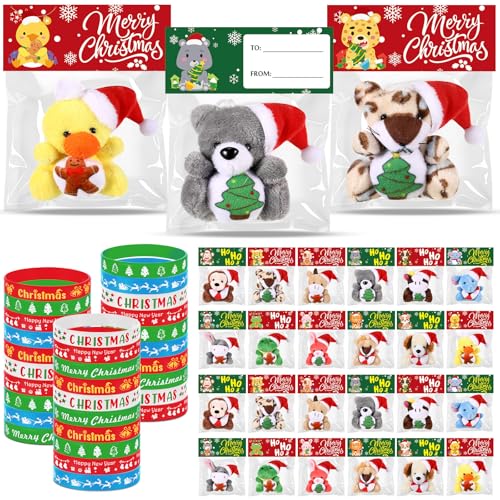 Sotiff 60 Pcs Christmas Mini Stuffed Animals Gifts Bulk 30 Christmas Plush Set with 30 Xmas Silicone Bracelets Small Plush Keychains Classroom Exchange Gift Toys for Friend Preschool Stocking Fillers - Image 1