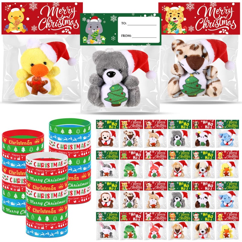 Sotiff 60 Pcs Christmas Mini Stuffed Animals Gifts Bulk 30 Christmas Plush Set with 30 Xmas Silicone Bracelets Small Plush Keychains Classroom Exchange Gift Toys for Friend Preschool Stocking Fillers - Image 3