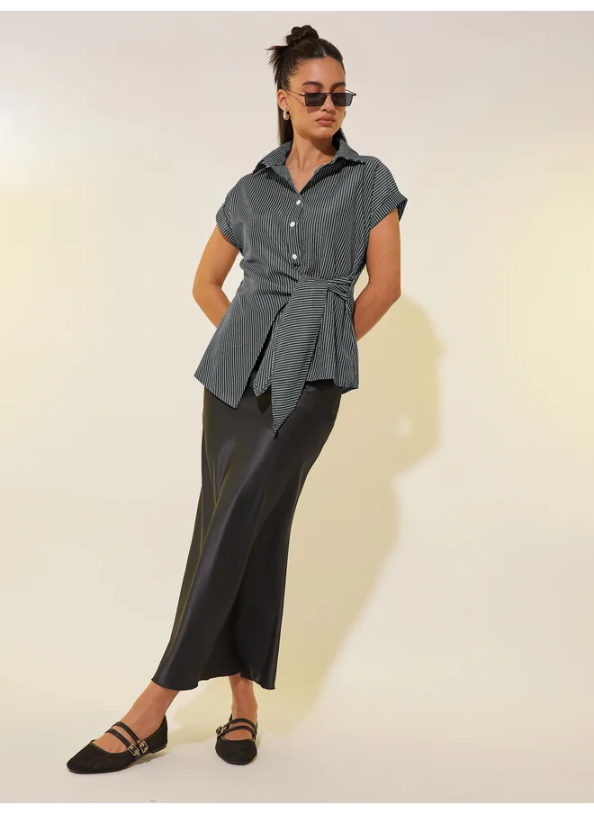 تايك تو Take Two Striped Collared Short Sleeve Wrap Top