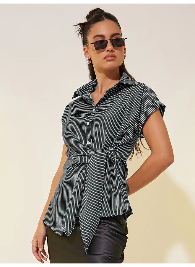 تايك تو Take Two Striped Collared Short Sleeve Wrap Top