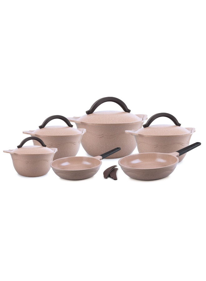 Master Retro Line Granite Set 12 Piece Pot 20 - 24 - 26 - 30 - Frying Pan 22 - 26 cm-Caramel 