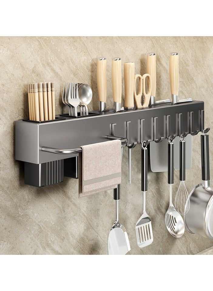 اليسا رف سكاكين المطبخ، حامل سكاكين مثبت على الحائط، رف جدار المطبخ، منظم ملاعق عالي التحمل، حامل أدوات مائدة مع 10 خطافات ورف مناشف، منظم سكاكين متعدد الأغراض للمطبخ، المطعم (60 سم) - Image 1