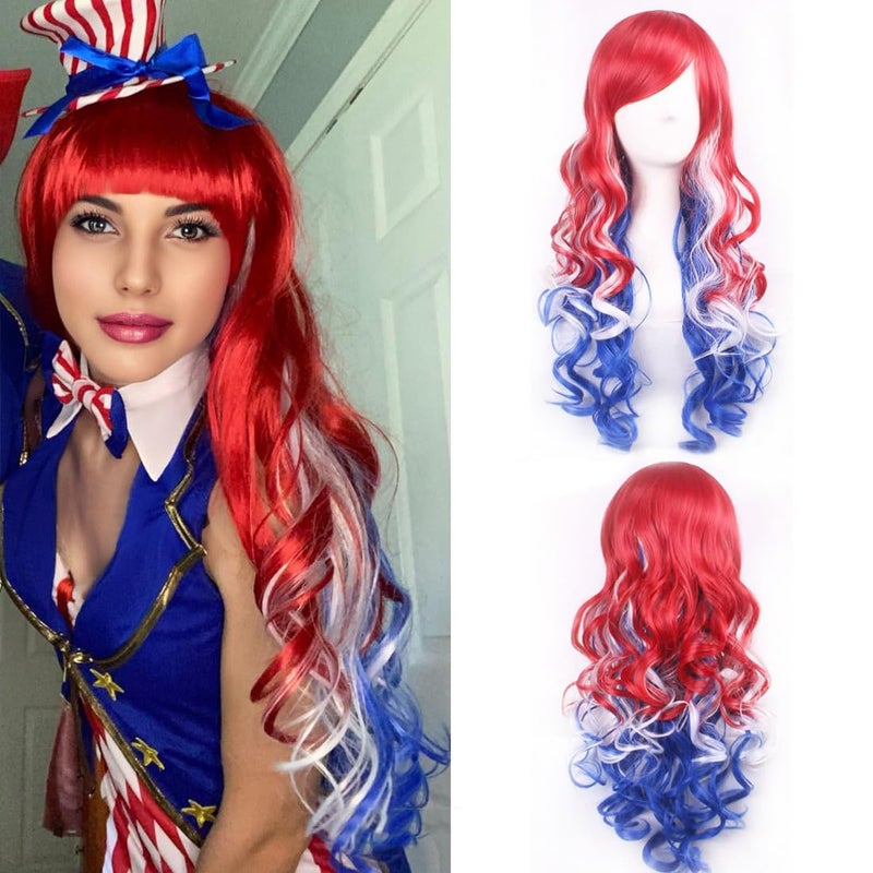 BERON 4th of July Wig for Women Long Curly Wigs with Bangs Red White and Blue Costume Wigs for Independence Day