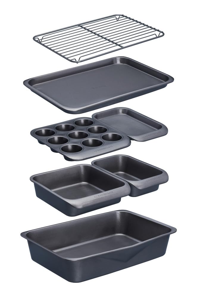 Master Class Sevenfirst KitchenCraft Smart Space Non Stick Carbon Steel Stackable Bakeware Including Roasting Tin Baking Muffin Tray 7 Piece Set 41 x 31 x 105 cm Gray