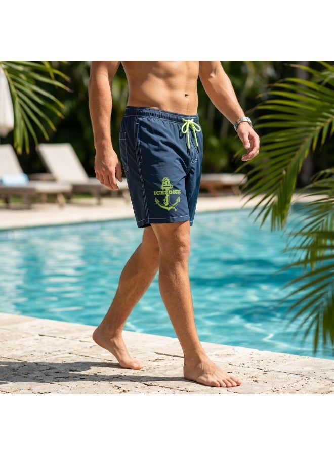 IceZone Men's Quick-Dry Swim Trunks with Anchor Graphic, Dark Blue Mesh-Lined Board Shorts with Drawstring - Image 1