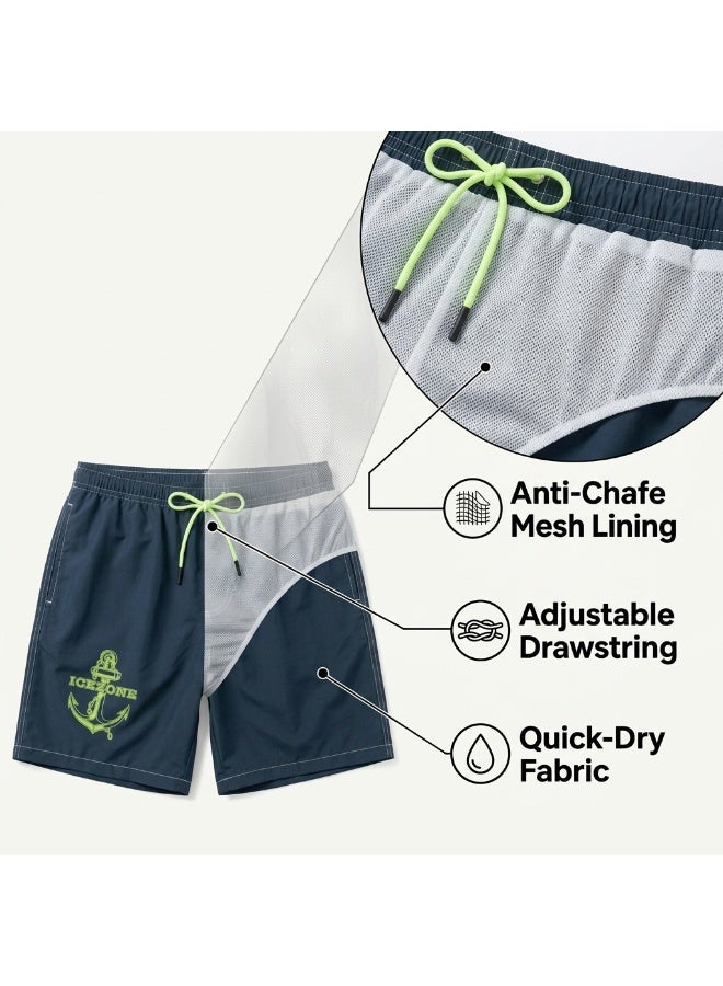 IceZone Men's Quick-Dry Swim Trunks with Anchor Graphic, Dark Blue Mesh-Lined Board Shorts with Drawstring - Image 2